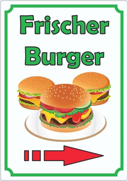 Frischer Burger Aufkleber Hochkant mit Pfeil rechts