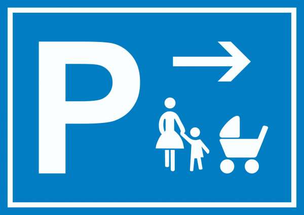 Mutter und Kind Parkplatz Schild mit Richtungspfeil rechts waagerecht