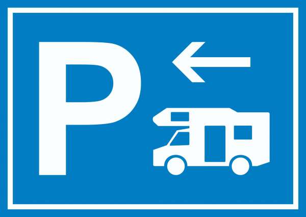 Wohnmobil Parkplatz Schild mit Richtungspfeil links waagerecht