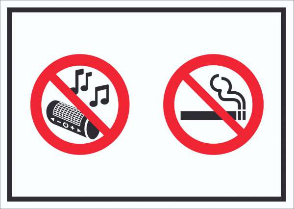 Schild Musik und Rauchen verboten Symbol