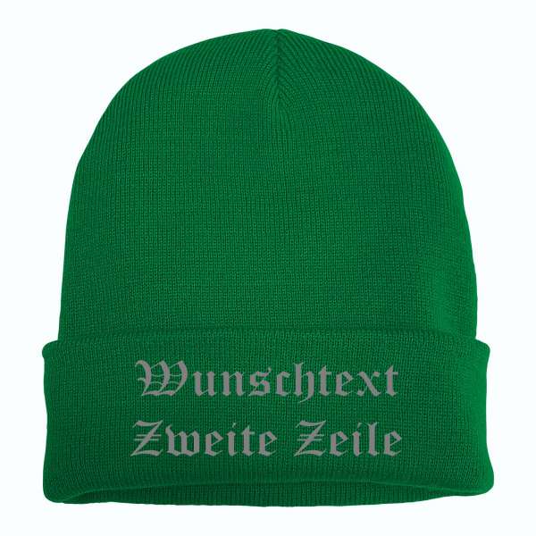 Umschlagmütze mit Wunschtext - Grün - Altdeutsch - bestickt - Mütze Strickmütze