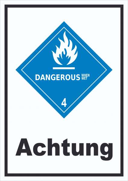 Schild wasserreaktive Stoffe Achtung Dangerous when wet hochkant