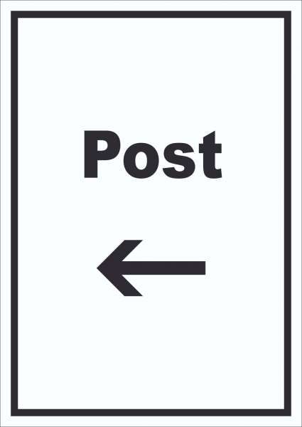 Post Schild mit Text und Richtungspfeil links Annahme Brief Paket hochkant