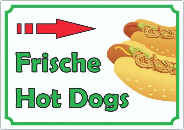 Frische Hot Dogs Aufkleber mit Pfeil rechts