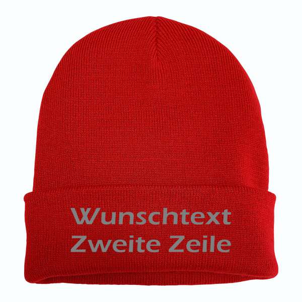 Umschlagmütze mit Wunschtext - Rot - Blockschrift - bestickt - Mütze Strickmütze