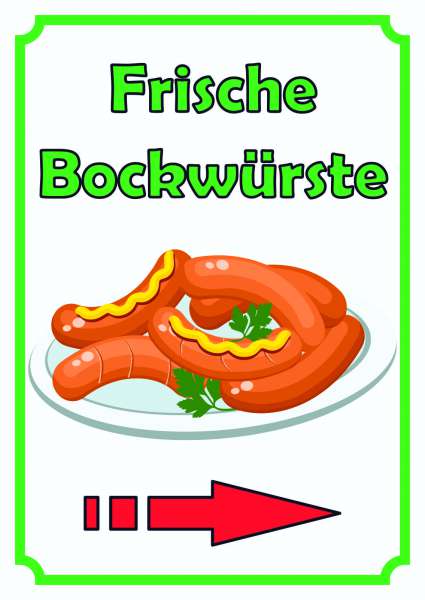 Frische Bockwürste Verkaufsschild Schild hochkant mit Pfeil nach rechts