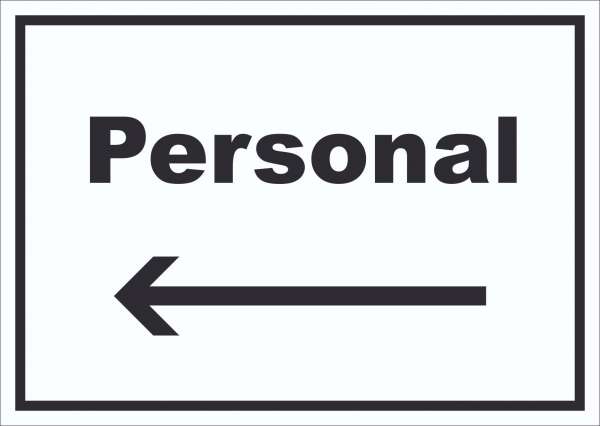 Personal Schild mit Text und Richtungspfeil links waagerecht