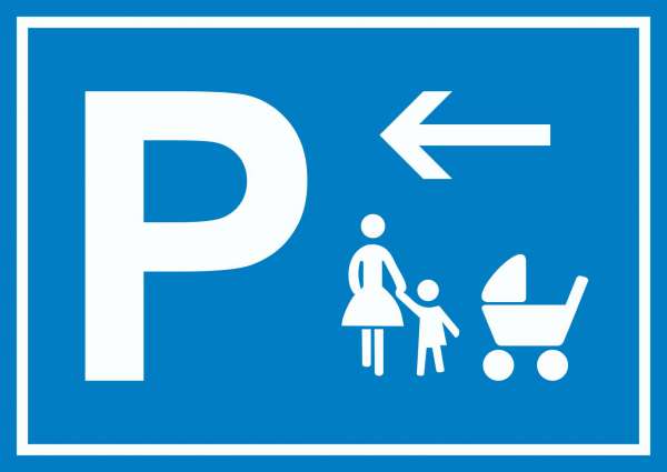 Mutter und Kind Parkplatz Schild mit Richtungspfeil links waagerecht