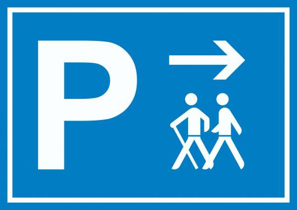 Wanderer Parkplatz mit Richtungspfeil rechts Schild waagerecht