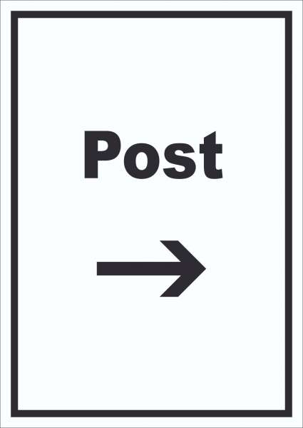 Post Schild mit Text und Richtungspfeil rechts Annahme Brief Paket hochkant