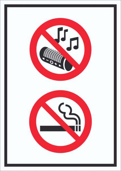 Schild Musik und Rauchen verboten Symbol hochkant
