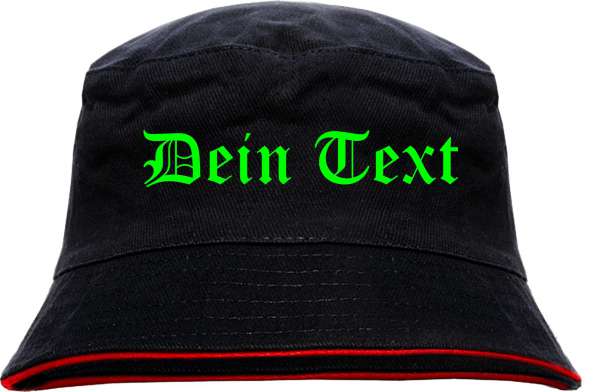 Individueller Fischerhut - schwarz rot - NEON - altdeutsch gerade - Bucket Hat mit Wunschtext bedruc