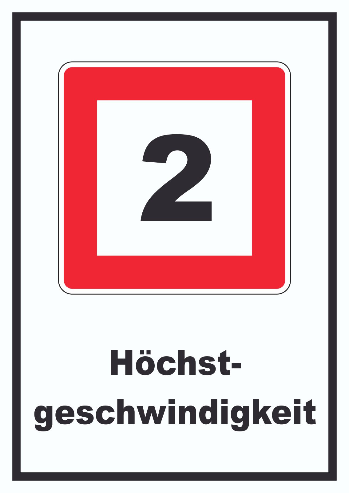 Höchstgeschwindigkeit 2 km/h nicht zu überschreiten Schild mit Symbol und  Text