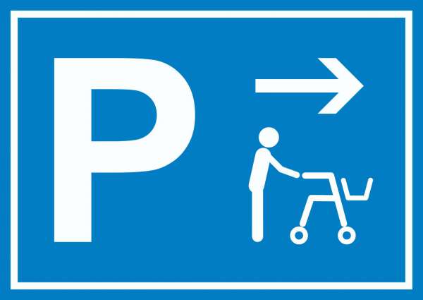 Rollator Gehwagen Parkplatz Schild mit Richtungspfeil rechts waagerecht