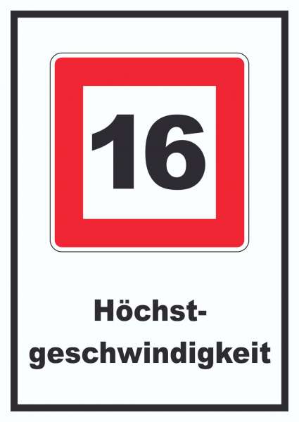 Höchstgeschwindigkeit 16 km/h nicht zu überschreiten Schild mit Symbol und Text