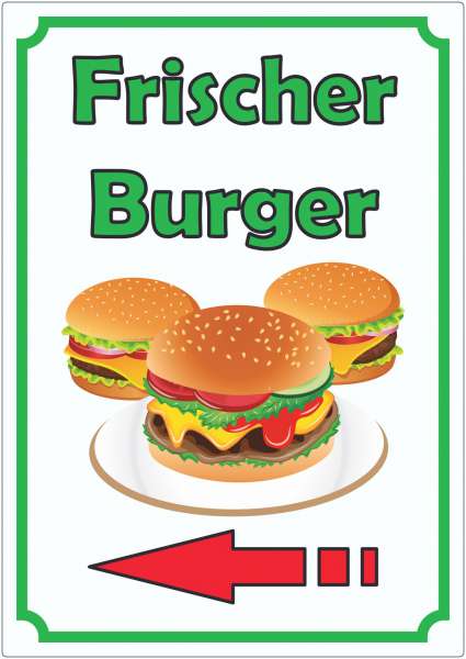 Frischer Burger Aufkleber Hochkant mit Pfeil links