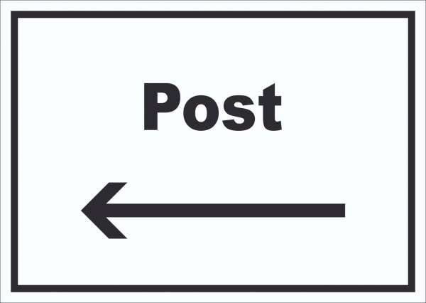 Post Schild mit Text und Richtungspfeil links Annahme Brief Paket waagerecht