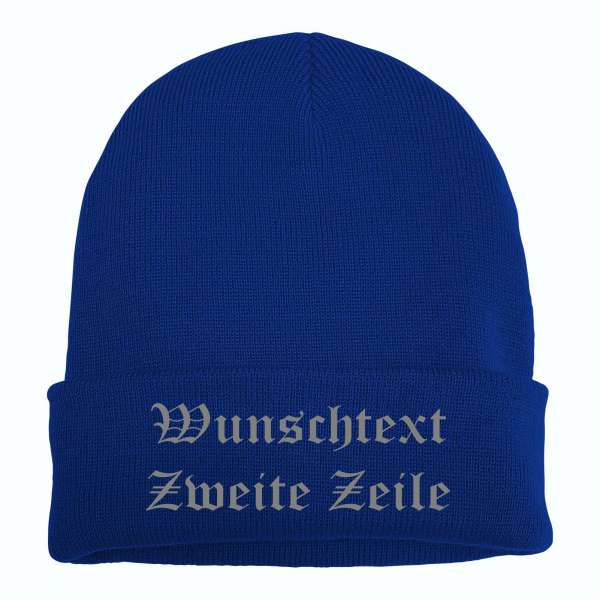 Umschlagmütze mit Wunschtext - Blau - Altdeutsch - bestickt - Mütze Strickmütze