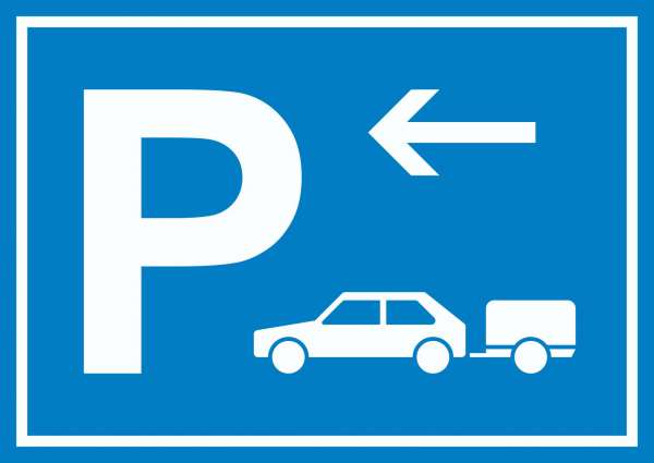 PKW mit Anhänger Parkplatz Schild mit Richtungspfeil links waagerecht