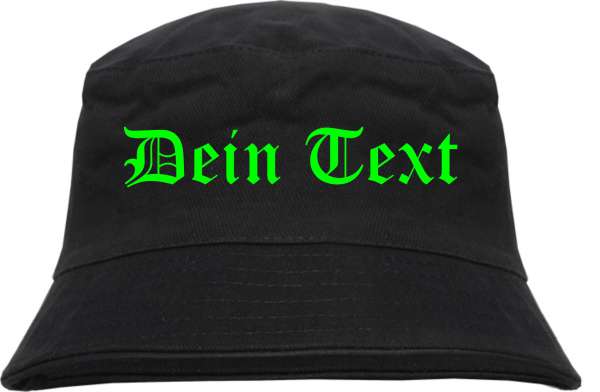 Individueller Fischerhut - schwarz - NEON - altdeutsch gerade - Bucket Hat mit Wunschtext bedruckt