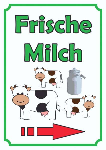 Frische Milch Schild Hochkant mit Pfeil rechts