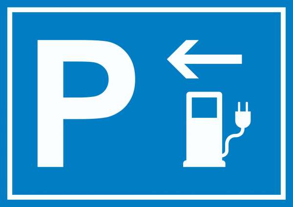Stromtankstelle Parkplatz Schild mit Richtungspfeil links waagerecht
