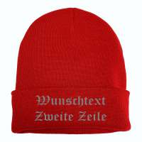 Umschlagmütze mit Wunschtext - Rot - Altdeutsch - bestickt - Mütze Strickmütze Umschlagmütze mit Wunschtext - Rot - Altdeutsch - bestickt - Mütze Strickmütze