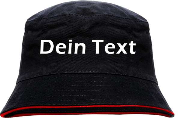 Individueller Fischerhut - schwarz rot - Blockschrift - Bucket Hat mit Wunschtext bedruckt