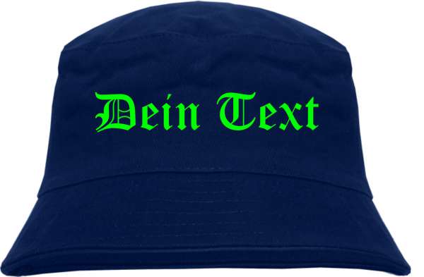 Individueller Fischerhut - dunkelblau - NEON - altdeutsch gerade - Bucket Hat mit Wunschtext bedruck