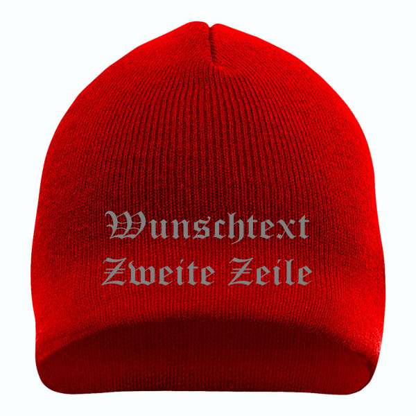 Beanie mit Wunschtext - Rot - Altdeutsch - bestickt - Mütze Strickmütze