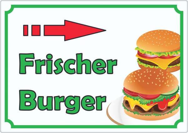 Frischer Burger Aufkleber mit Pfeil rechts