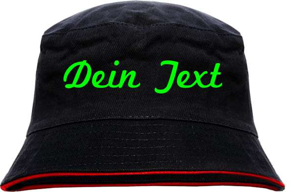 Individueller Fischerhut - schwarz rot - NEON - Schreibschrift - Bucket Hat mit Wunschtext bedruckt