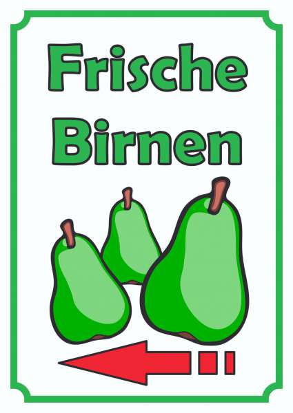 Frische Birnen Schild Hochkant mit Pfeil links