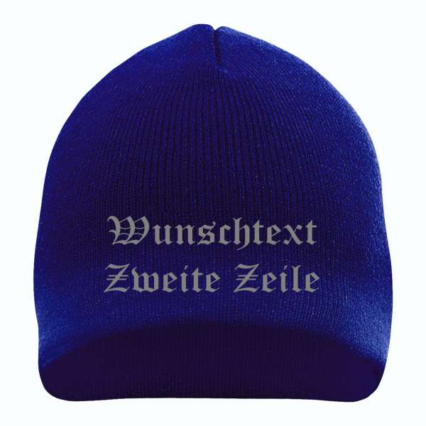 Beanie mit Wunschtext - Blau - Altdeutsch - bestickt - Mütze Strickmütze
