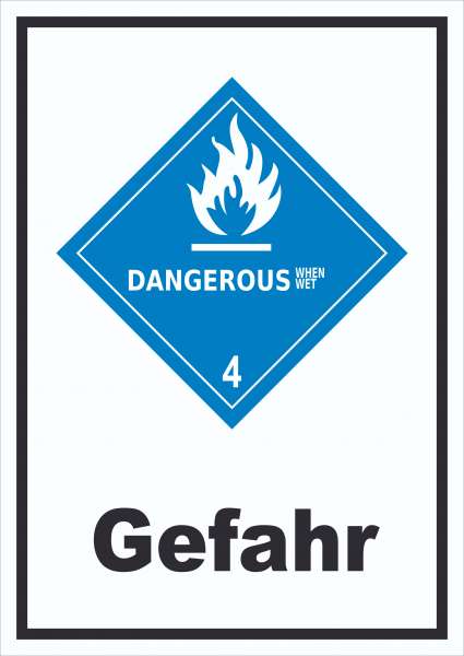 Schild wasserreaktive Stoffe Gefahr Dangerous when wet hochkant