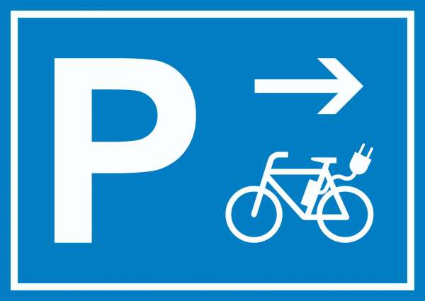 E-Bike Elektrorad Parkplatz mit Richtungspfeil rechts Schild waagerecht