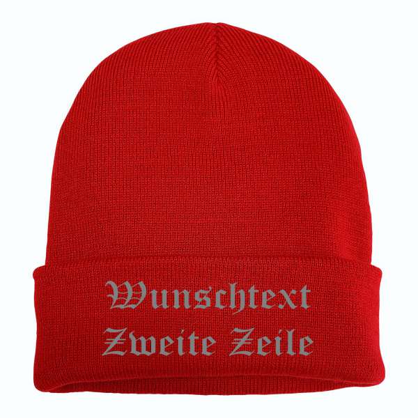 Umschlagmütze mit Wunschtext - Rot - Altdeutsch - bestickt - Mütze Strickmütze