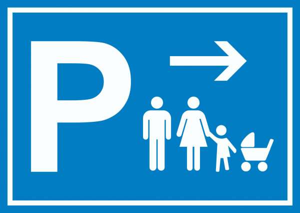 Eltern Kinderwagen Parkplatz Schild mit Richtungspfeil rechts waagerecht